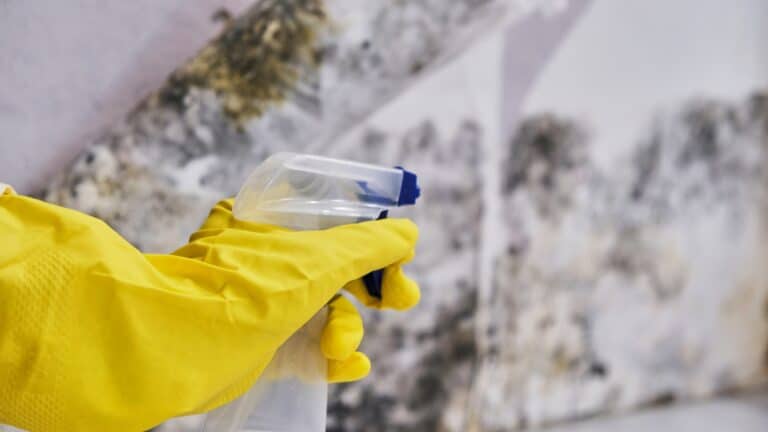 Housekeeper's Hand With Glove Cleaning Mold From Wall With Sponge And Spray Bottle
